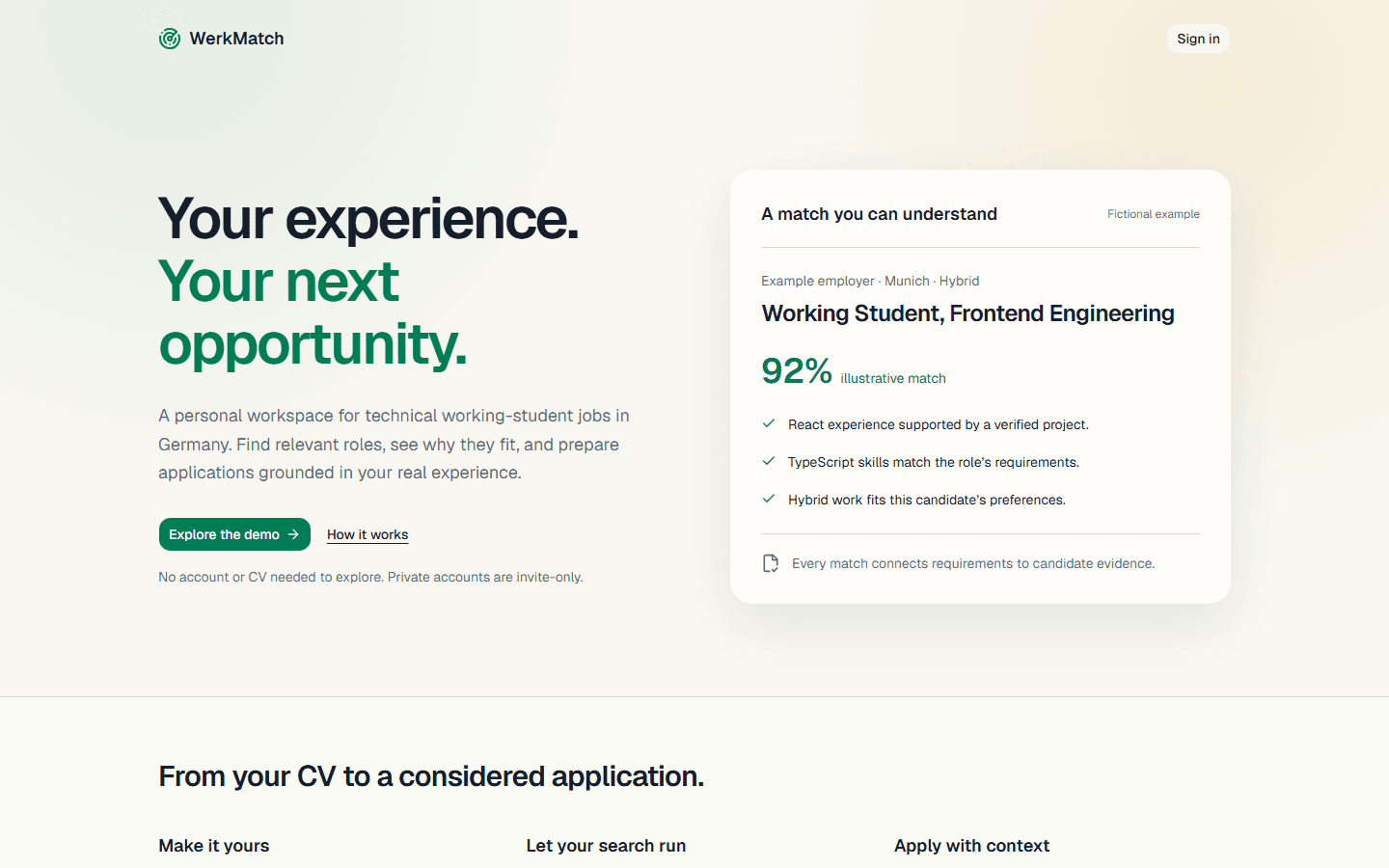 WerkMatch public homepage showing a fictional job match and evidence summary